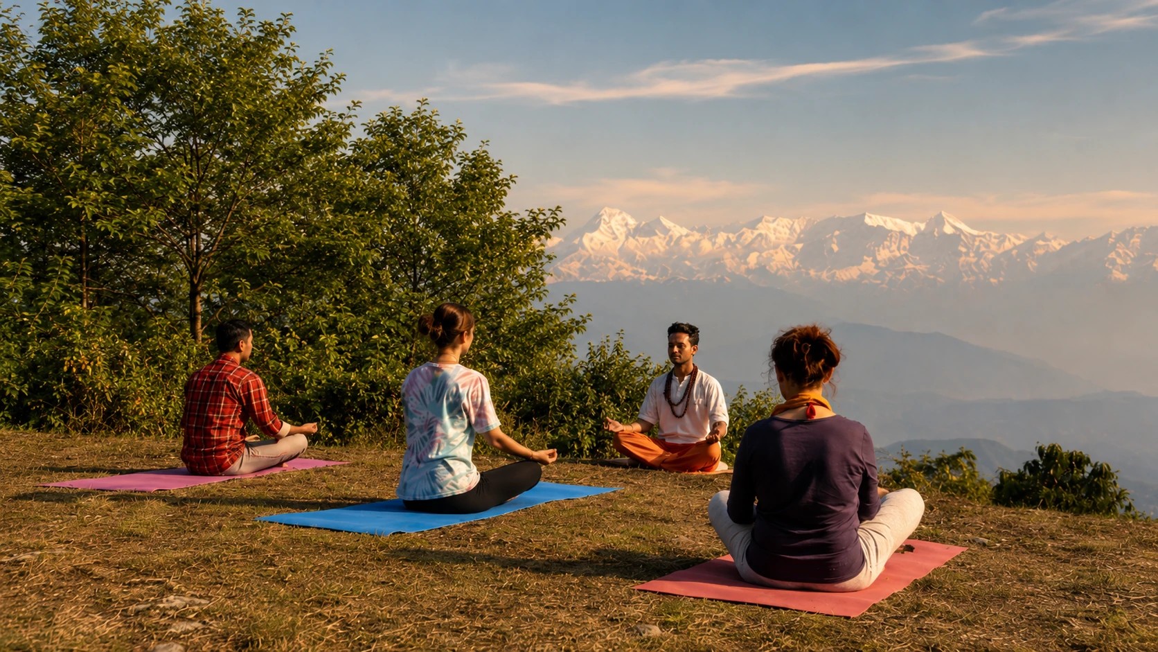 A small yoga group meditating outdoors with the Himalayan mountains behind them
